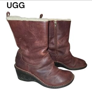 UGG Hartley Red Brown Leather Shearling Wedge Winter Dress Snow Boot Fur Women 9